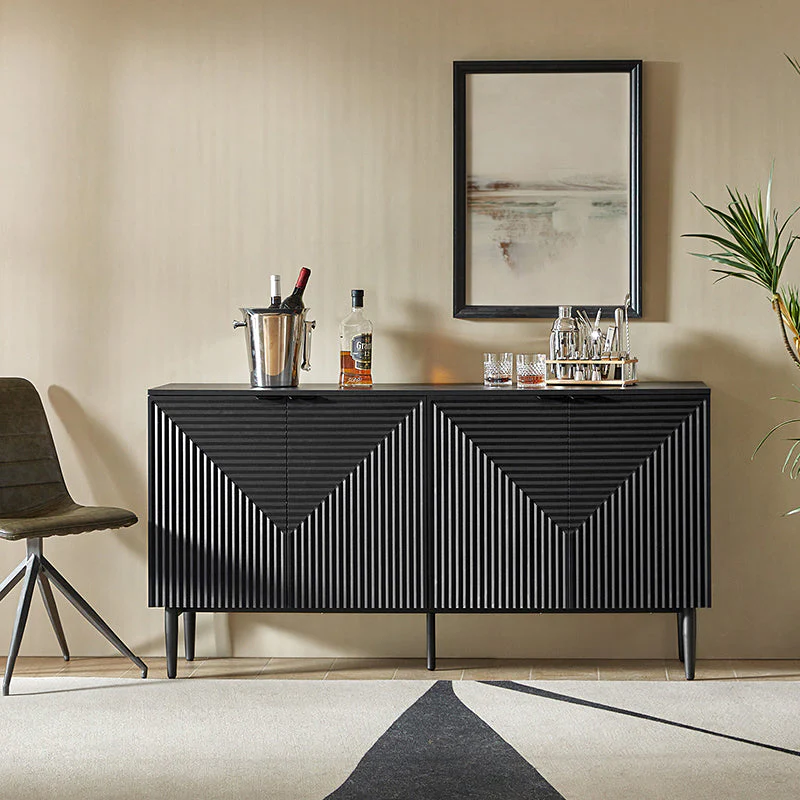 63 in Linear Groove 4-Door Sideboard with 2 Drawers, Wine Glass Rack, 3 Adjustable Shelves & Iron Legs | Black / White / Navy | Single