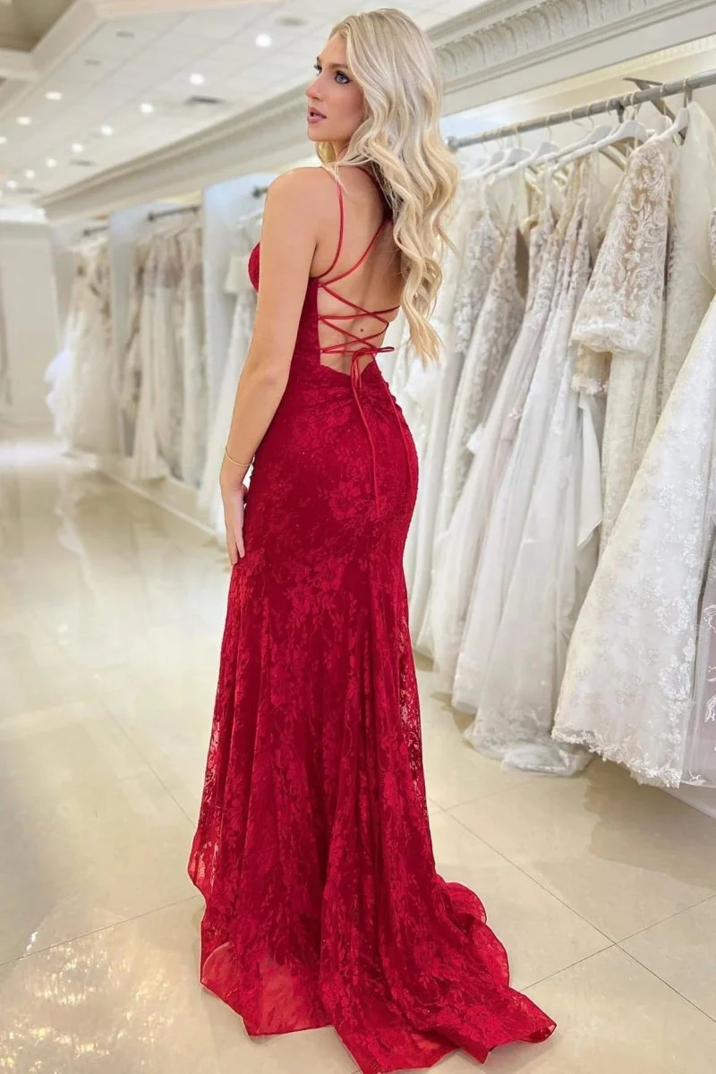 Red Lace V Neck Mermaid Prom Dress