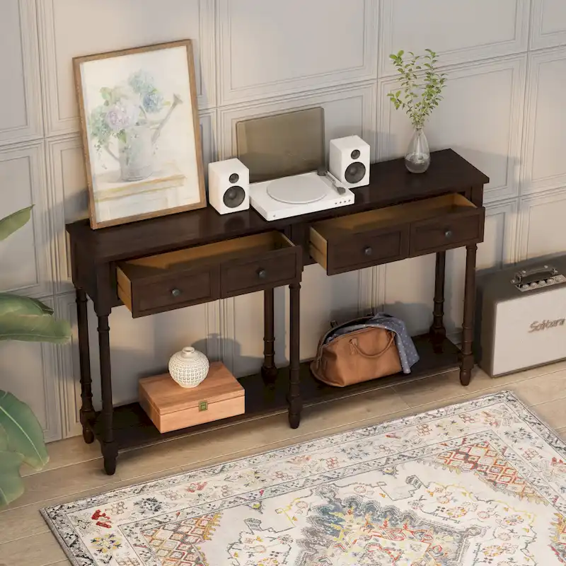 Espresso / Navy Console Table with 2 Drawers & Bottom Shelf, 1-Person Use