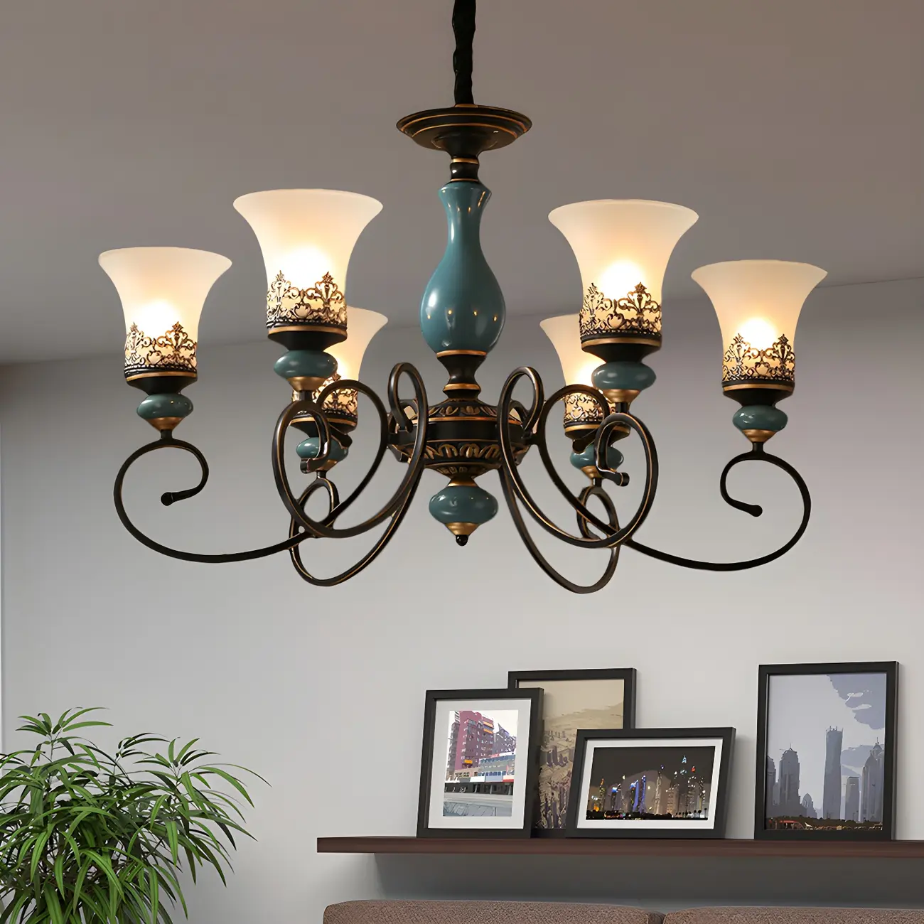 Classical Frosted Glass Blue Ceramic Up Chandelier