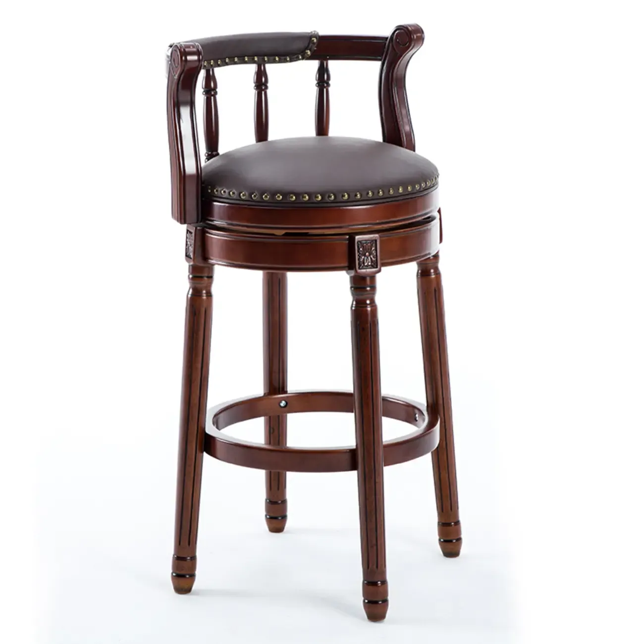 Swivel Counter Height Bar Stools in Genuine Leather & Walnut Solid Wood