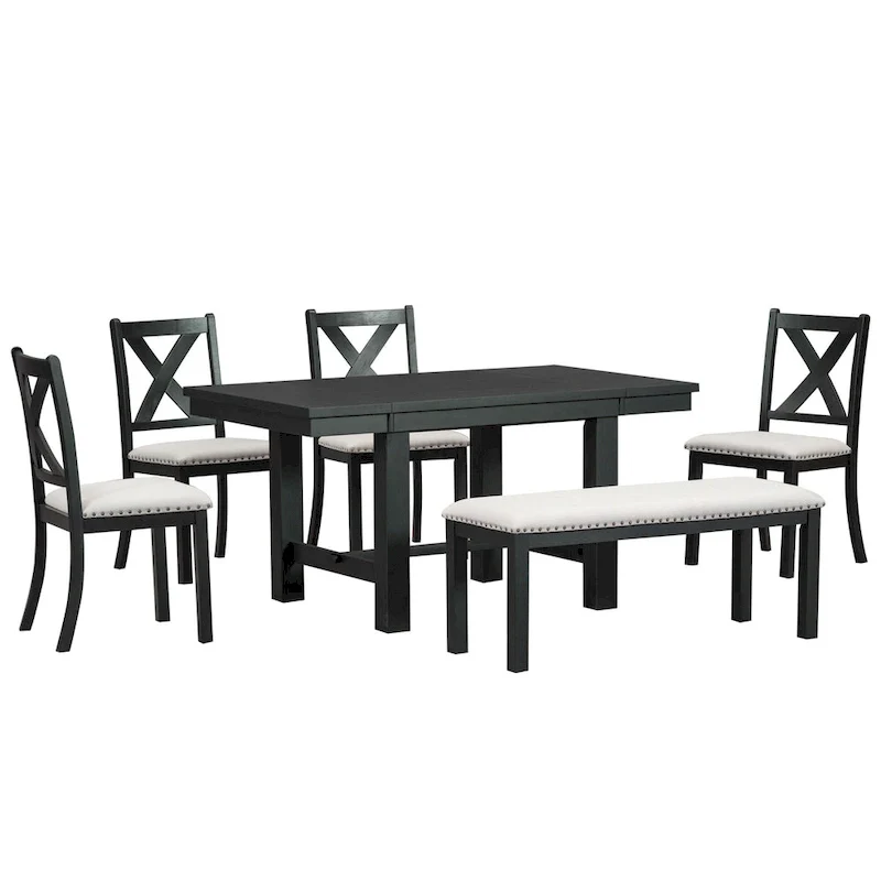 Black 6-Piece Wooden Dining Table Set with Extendable Table & 4 Chairs & Bench