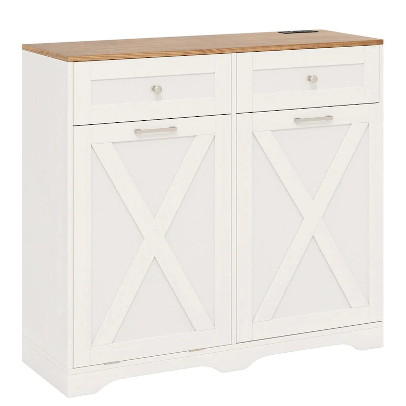 Gymax Tilt Out Trash Can Cabinet w/ Outlets 2 Drawers Adjustable Shelf