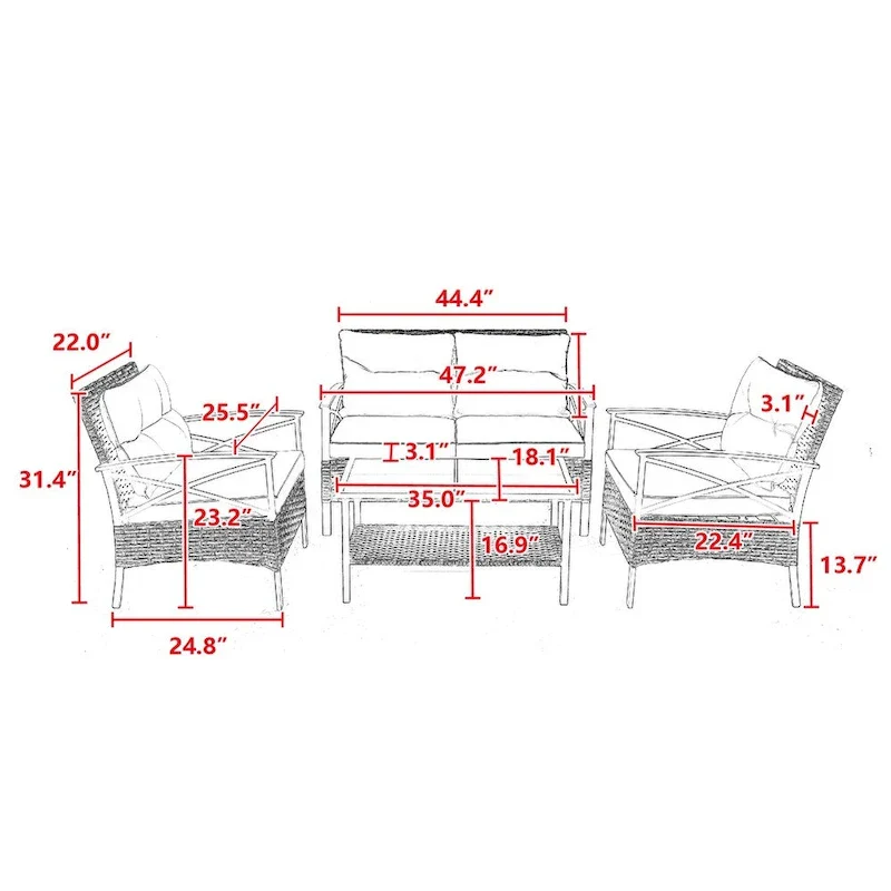 Patio 4 Piece Sectional Low Dining Conversation Sofa Set w/ Cushion
