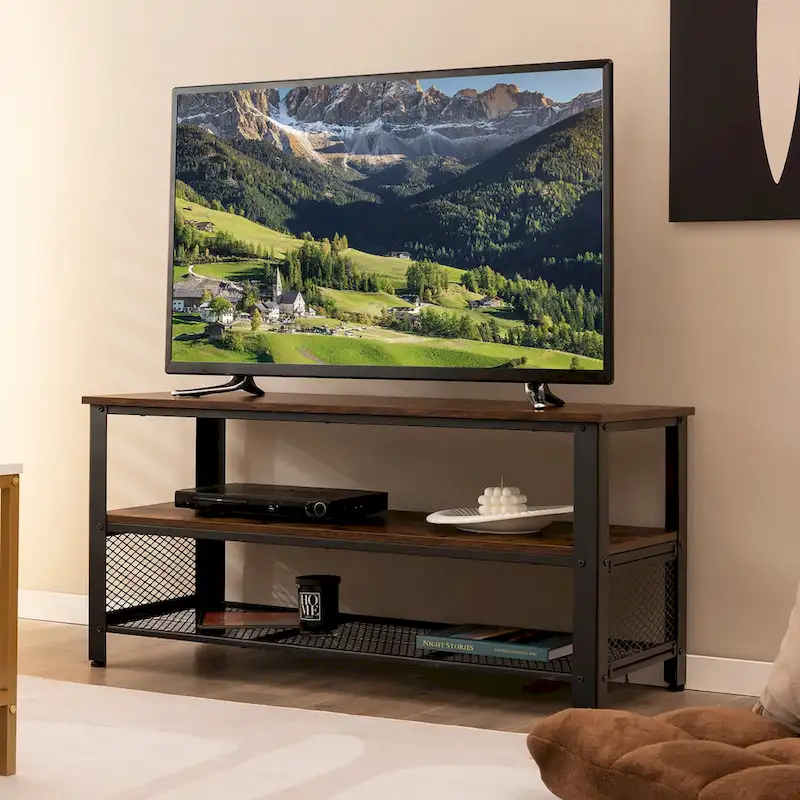 Rustic Brown & Black 3-Tier TV Stand, Fits TVs up to 50
