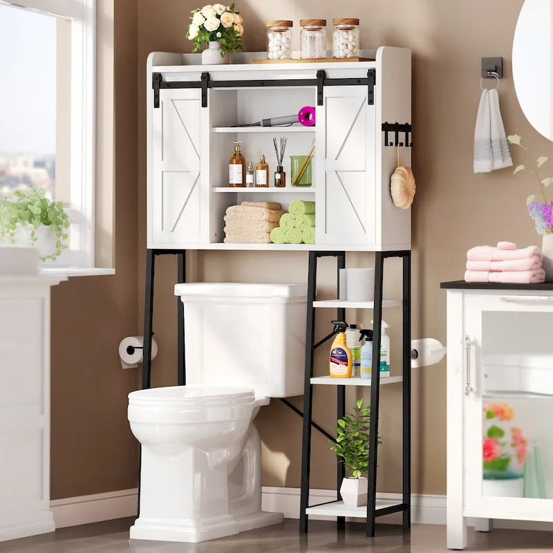 Moasis 61   Tall Over The Toilet Storage Cabinet Rack with Farmhouse Sliding Door and Metal Base