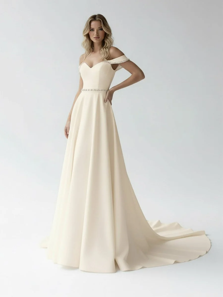 A-Line Off the Shoulder Beaded Wedding Dress