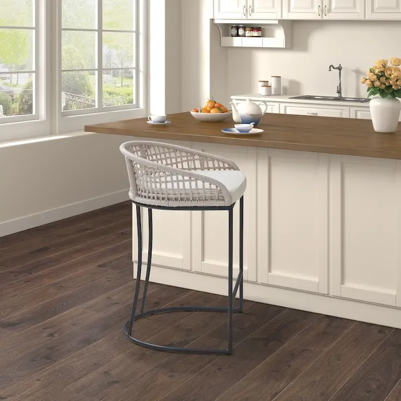 Natural/Dark Gray Woven Rope Back Counter Stool, 1-Person