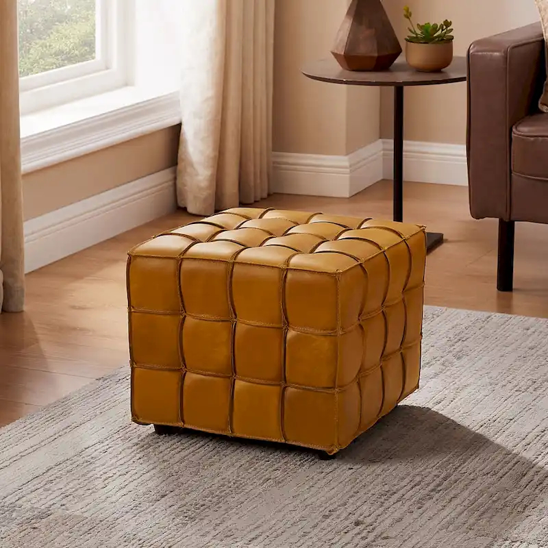Art Leon Top Grain Leather Square Pouf Ottoman