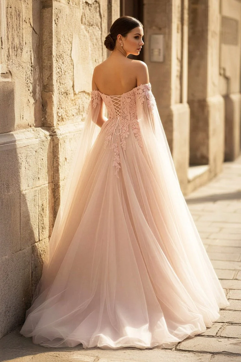 Blush Pink 3D Floral Lace Off-the-Shoulder Ball Gown