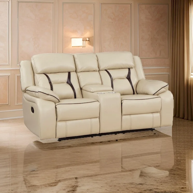 Millie 76 Inch Manual Dual Recliner Loveseat, Cupholder, Beige Faux Leather
