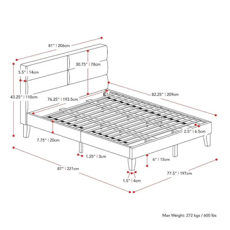 Bellevue Upholstered Tufted Panel Bed King – Solid Wood Legs, No Box Spring Needed