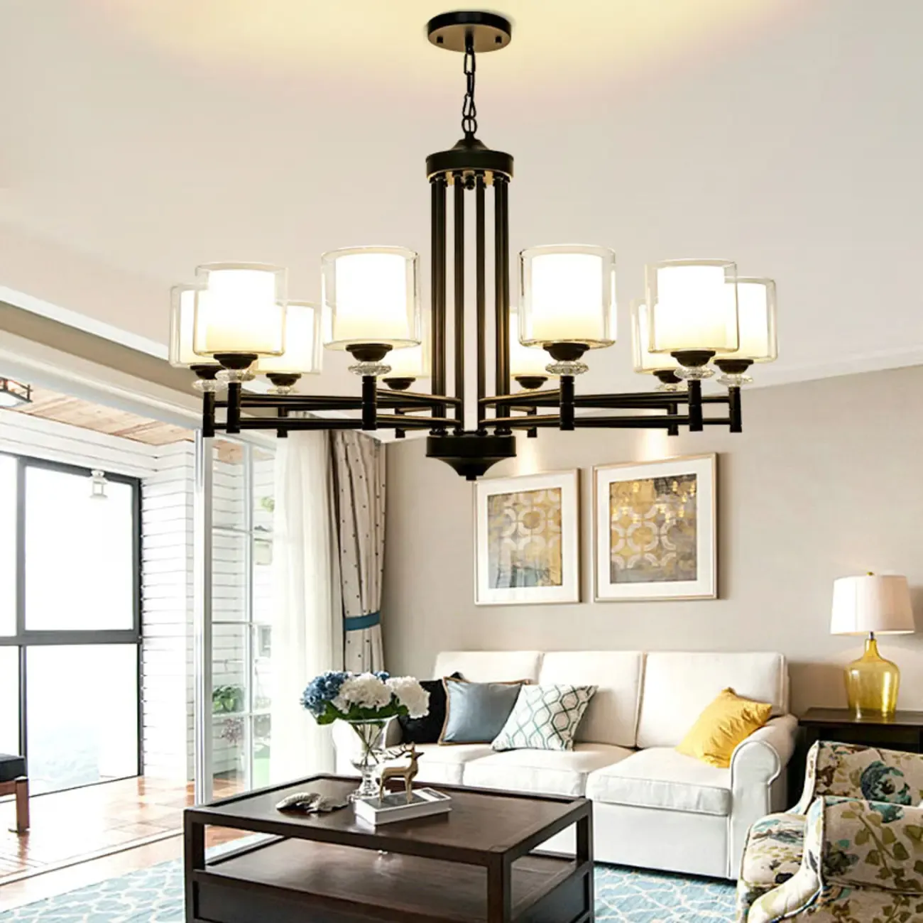 Geometric Industrial Metal Cylinder Glass Chandelier