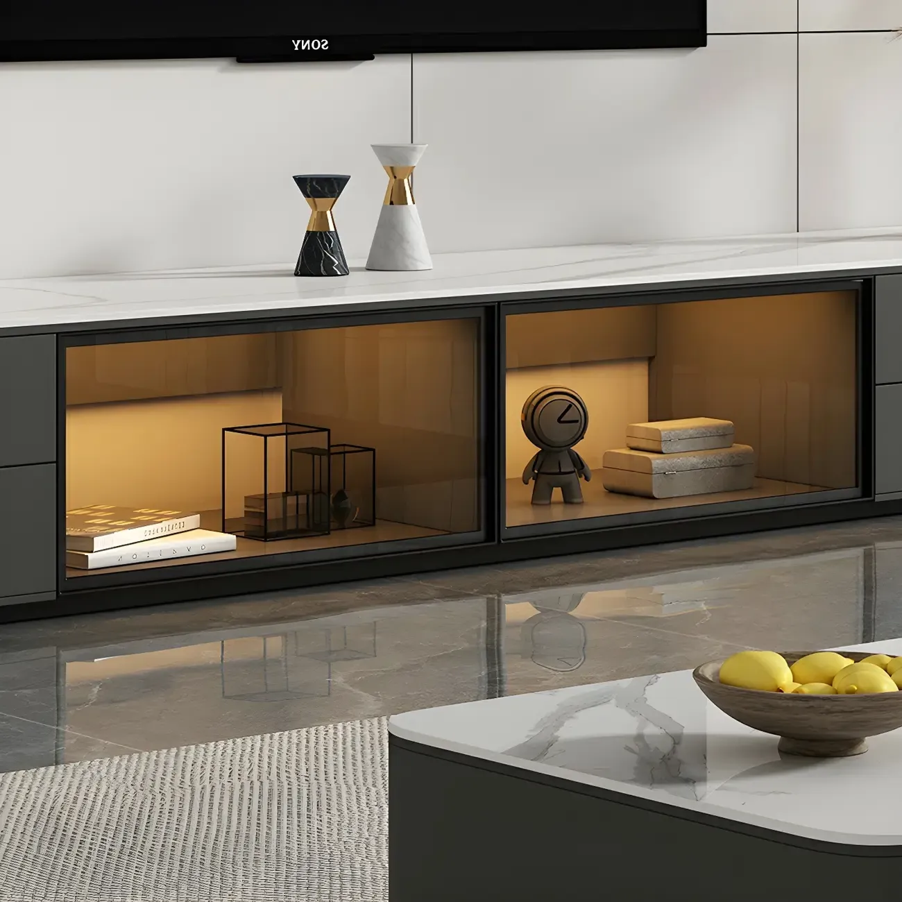 Living Room Grey Stone Long TV Stand with Drawers & Cabinet