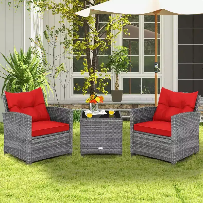 Costway 3PCS Patio Rattan Furniture Bistro Set Cushioned Sofas Side Table Armrest Red/Grey/Navy/Turquoise/Black