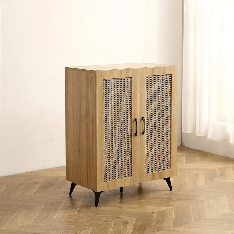 Natural Rattan Mesh Double-Door Shoe Storage Cabinet