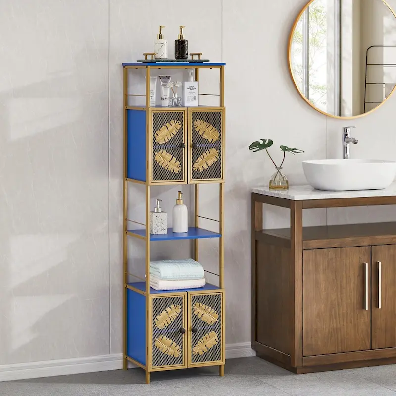 Black & Blue Painted Metal Tall Freestanding Storage Cabinet with 2 Doors & Open Compartments