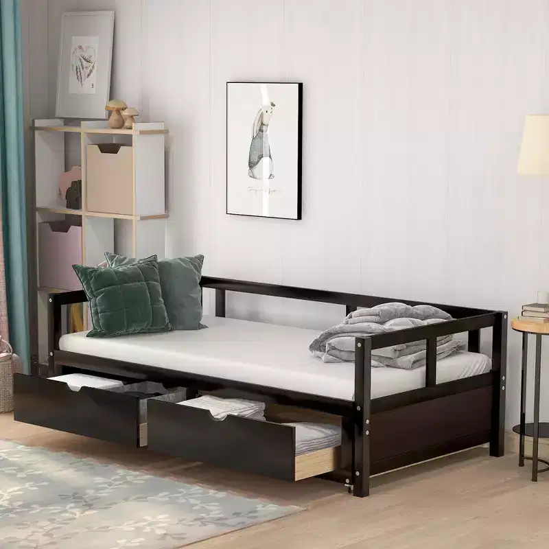Twin to King Wooden Daybed with Twin Size Trundle Bed and Two Storage Drawers, Extendable Bed Frame, Sofa Bed for Bedroom Living Room
