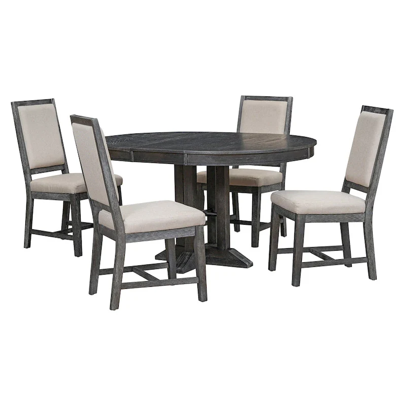 5-Piece Dining Set Extendable Round Table and 4 Upholstered Chairs Farmhouse Dining Set