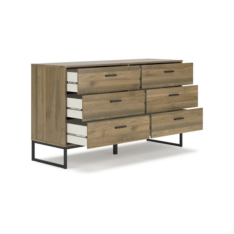 Signature Design Deanlow Honey Panel Headboard with Dresser and Nightstand