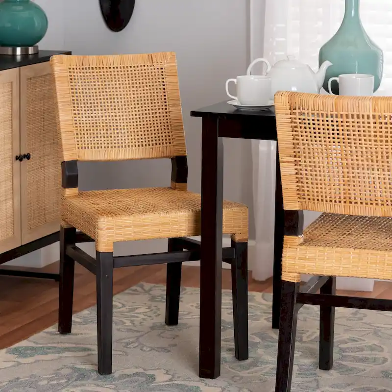 Modern Bohemian-Style Dining Chair With Natural Brown Woven Rattan And Espresso-Colored Mahogany