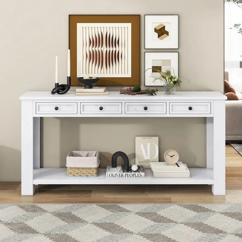 Antique White/Tan/Dark Blue Console Table with Drawers & Bottom Shelf, 1-Person