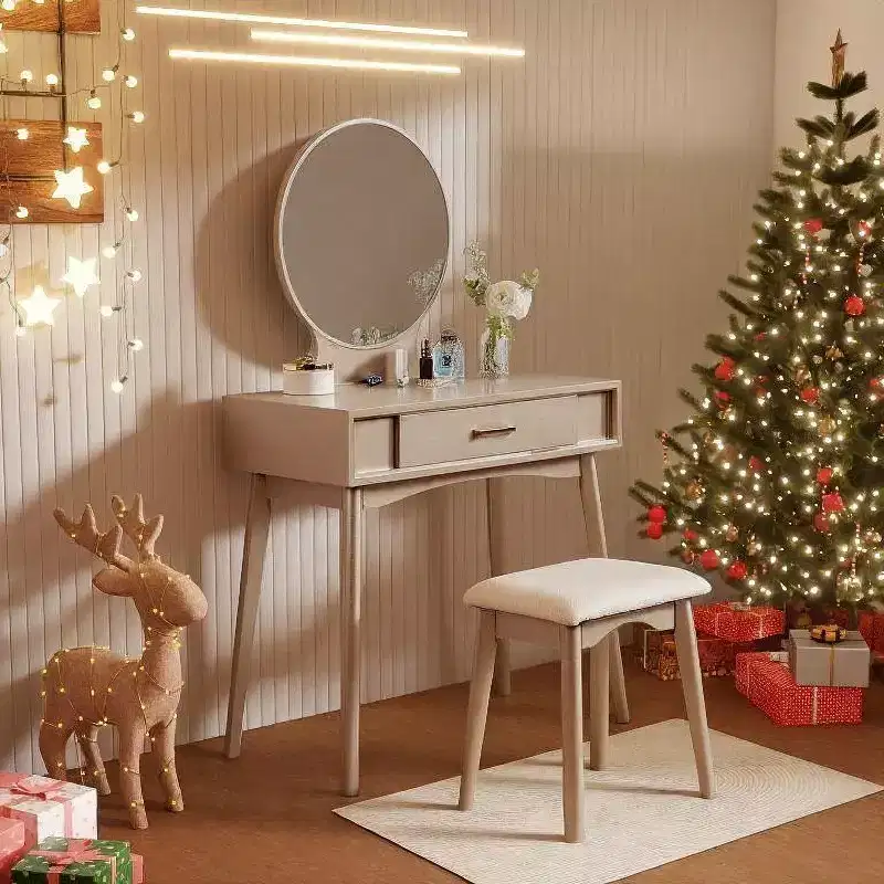 Modern Makeup Vanity Desk with Round Mirror, Organized Storage, Matching Stool for Bedroom, Gold Finish, Space-Saving Design