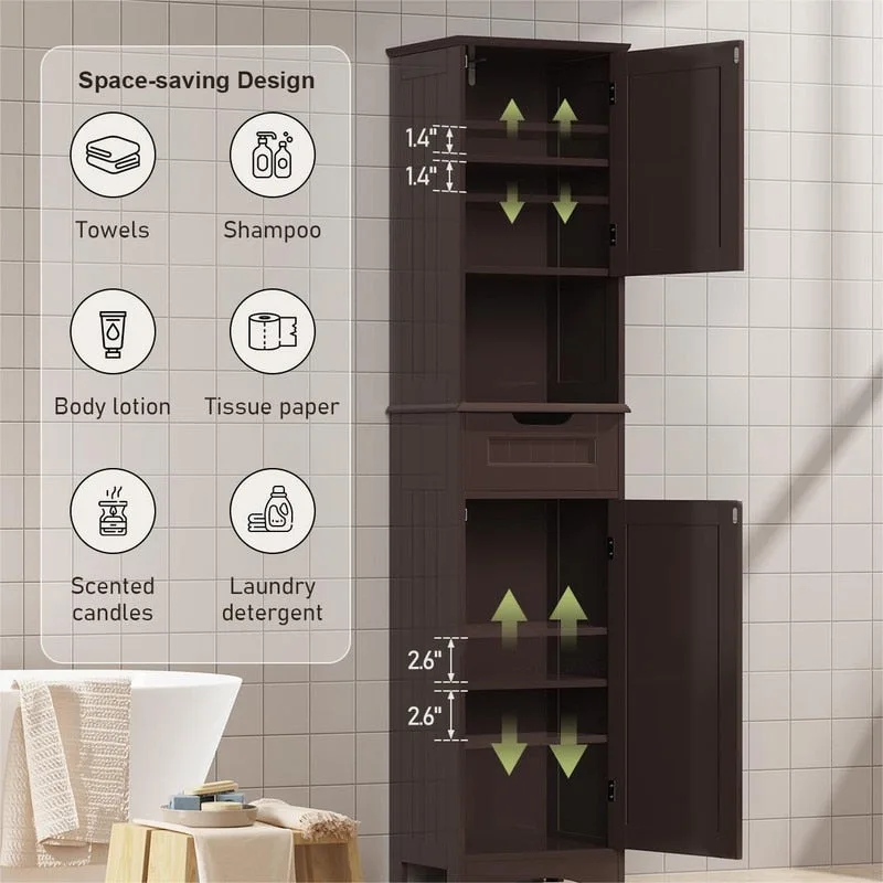 67 Tall 5-Tier Narrow Solid Wood Bathroom Linen Cabinet