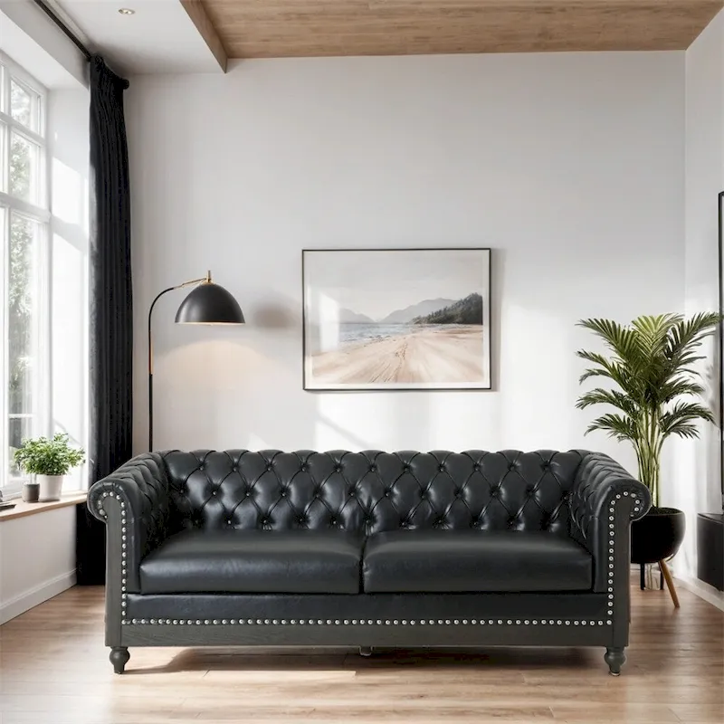 Retro 3 Seat PU Sofa with Wooden Frame and Legs