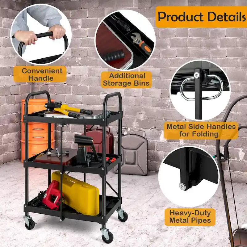 Costway Folding Collapsible Service Cart Heavy-Duty 3-Shelf Tool Cart - 24 x 17 x 38 (L x W x H)