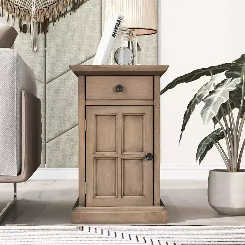 Okak Vintage Side Table with USB Ports, End Table with 1 Multifunctional Drawer with Cup Holders, Accent Table for Living Room, Bedroom