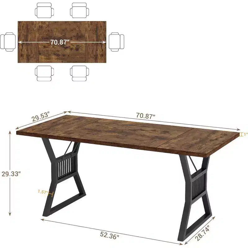 71 Inch Large Rectangle Dining Table for 4-6 People, Geometric Metal Legs & Thick Wood Tabletop, Modern Farmhouse Style, for Dining Room