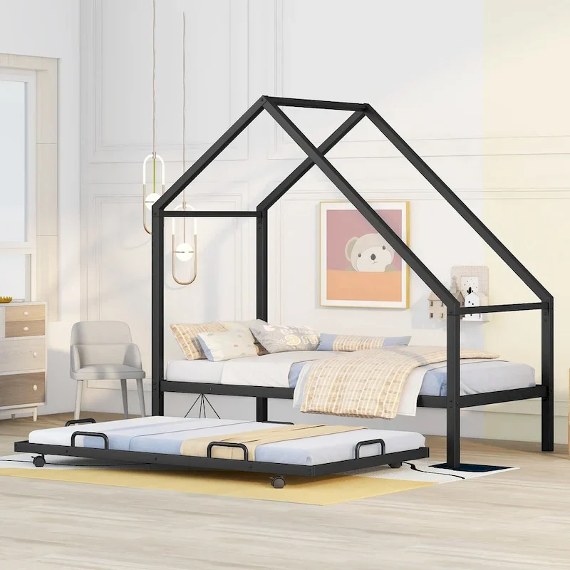 Pink/Black/White House-Shape Twin Metal Bed Frame with Trundle, for 1–2 Kids