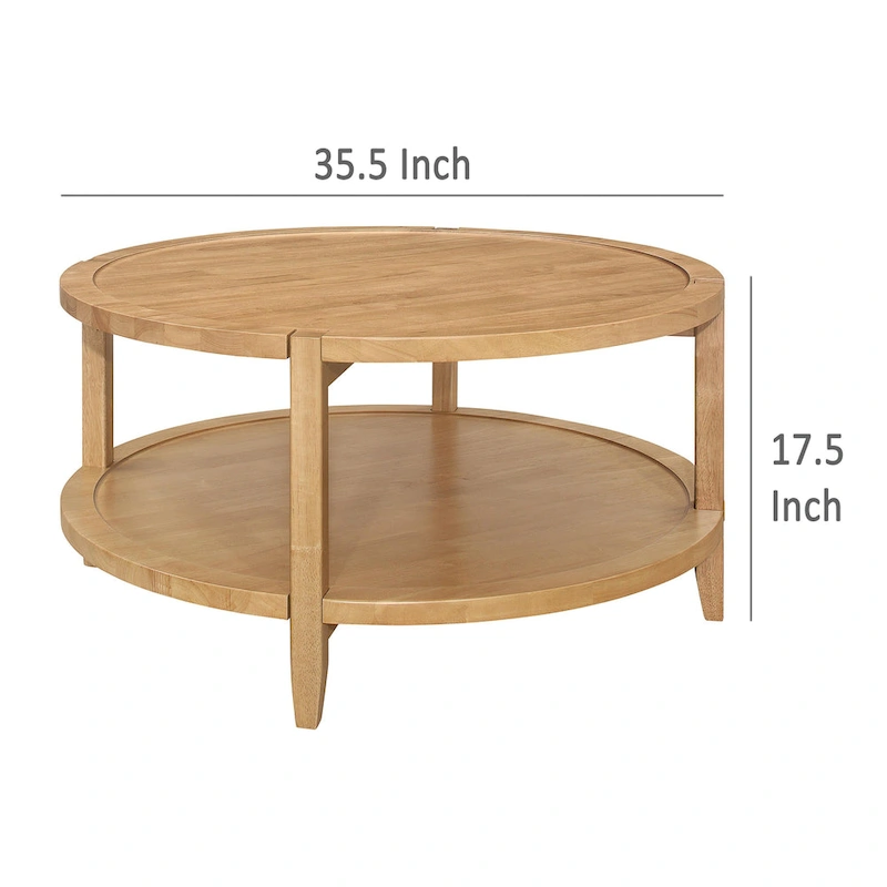 Camilia Coffee Table, 1 Shelf, Round Maple Brown Solid Wood, 36 Inch