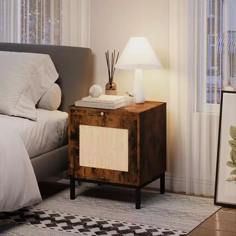 Nightstand Set of 2 End Table - Rattan Modern Farmhouse with Storage Cabinet, Metal Legs, Rustic Side Table for Living Room Bedroom (Brown+Black)
