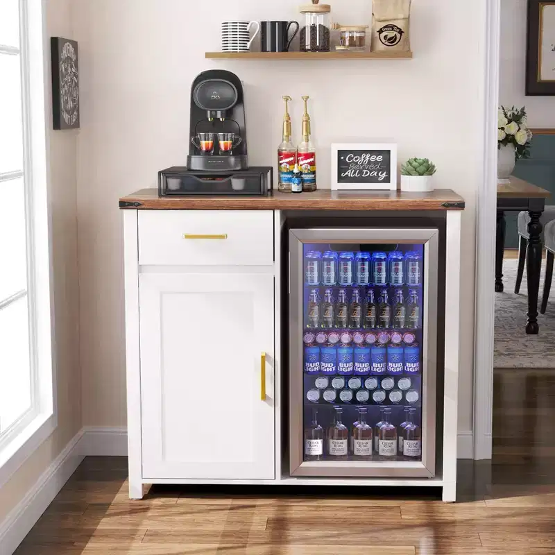 GDLF Coffee Bar with Mini Fridge Space, Mini Fridge Cabinet StandLiquor Wine Cabinet for Dorm, Kitchen or Office, 39.4W X 20.9 D TabletopWhite