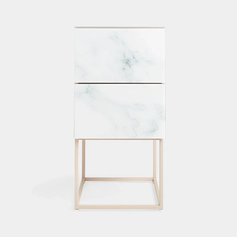 Marble Pattern Double Drawer Nightstand with Tempered Glass Top