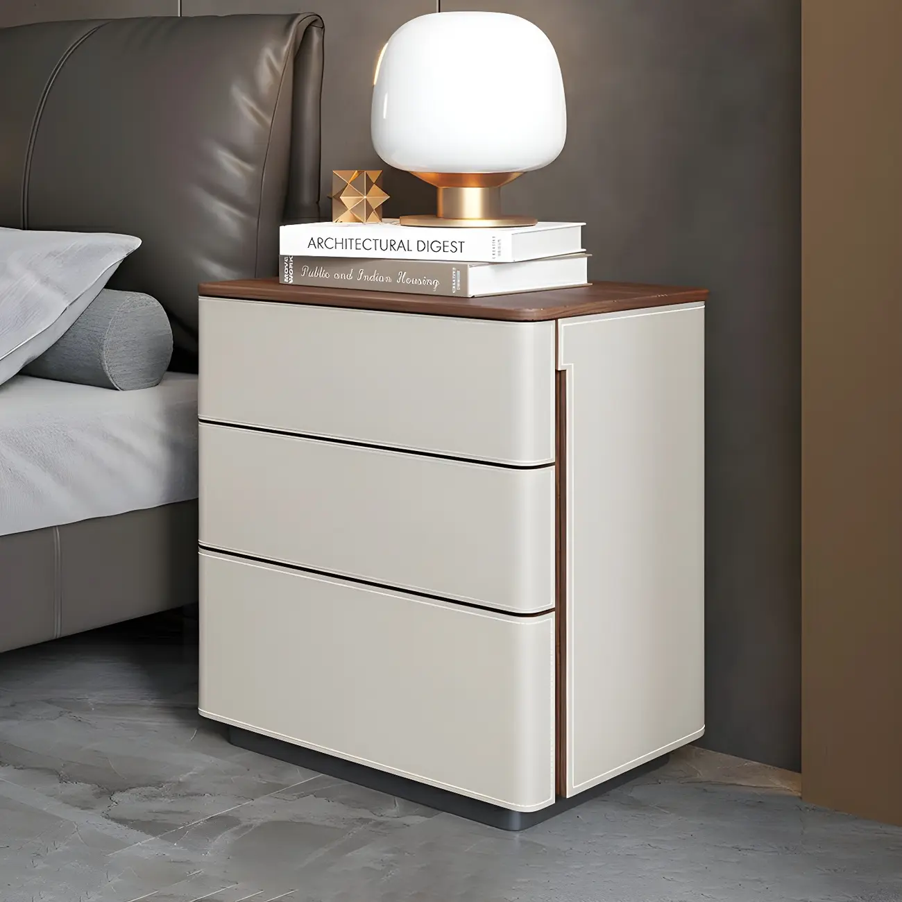 Modern Faux Leather Wood Top Drawers Nightstand