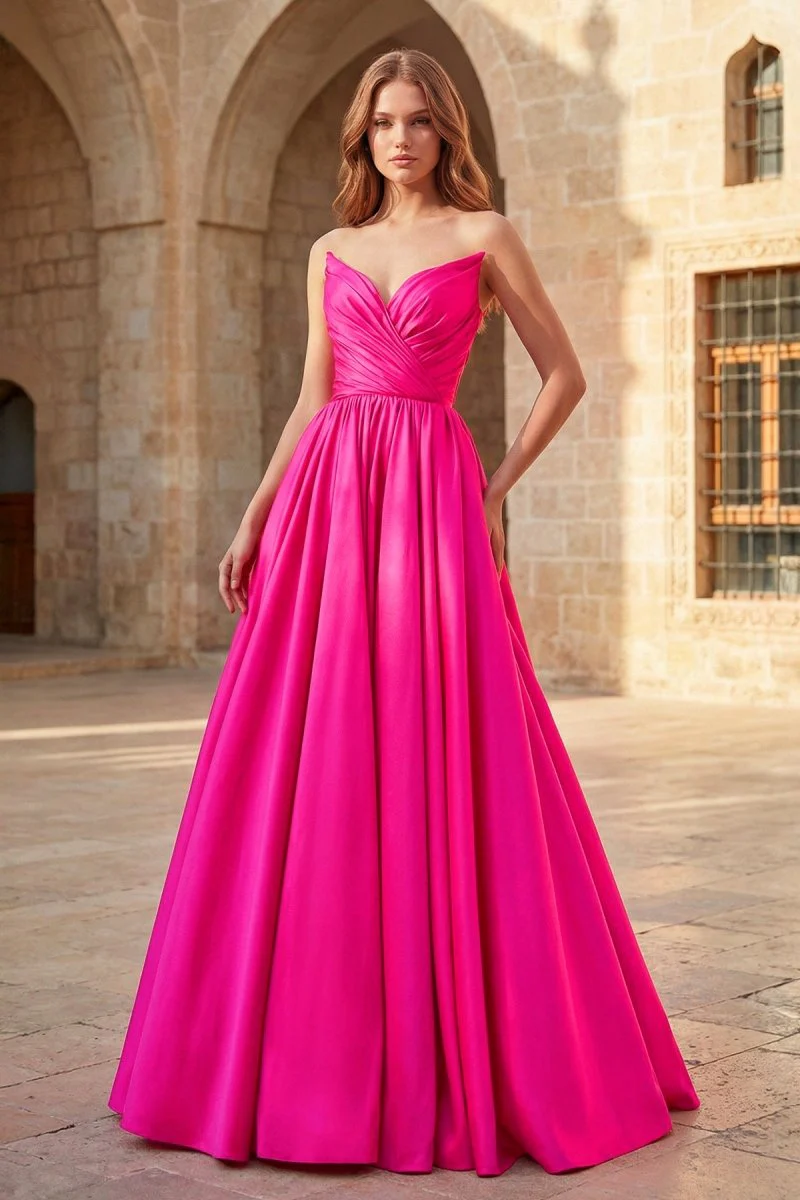 A-Line Strapless Satin Long Prom Dress