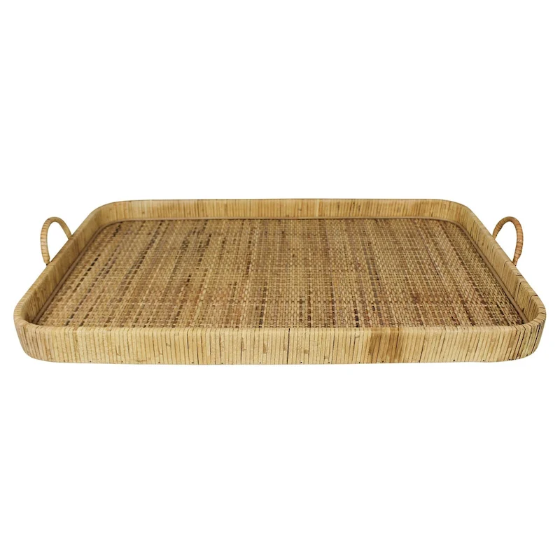 HomeRoots 28  Natural Rectangular Bamboo Serving Tray With Handles
