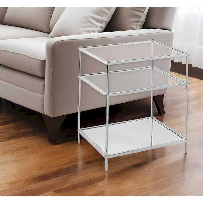 Silver Mirrored Glass & Iron End Table with Shelf, 1-Person
