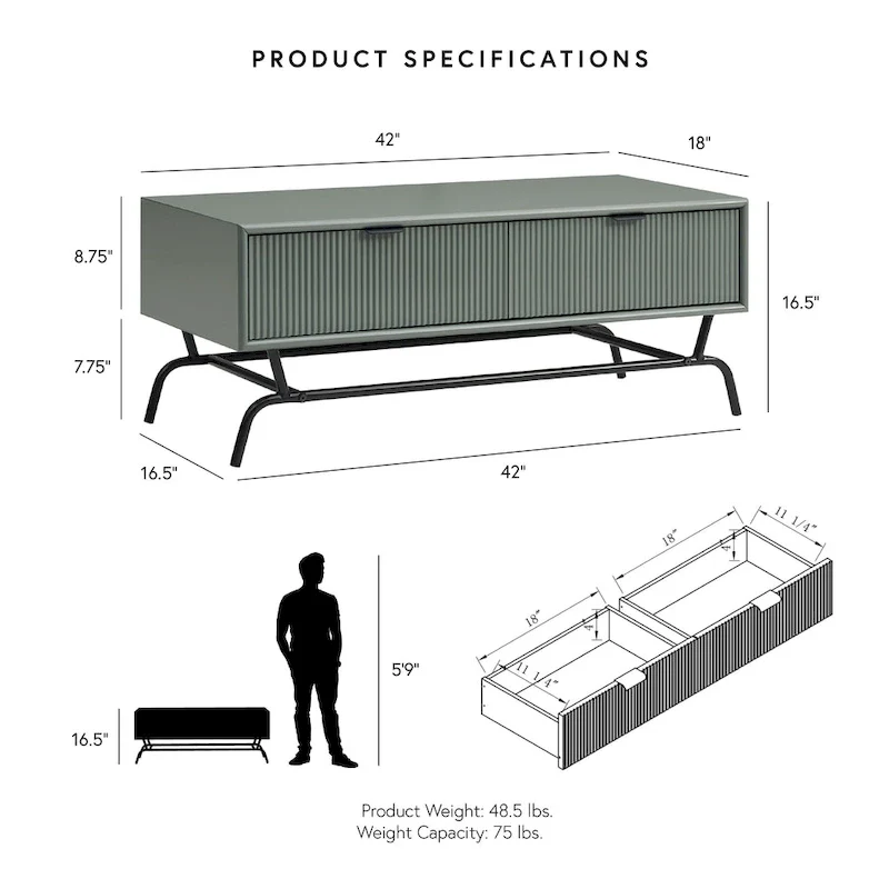 Modern 42-inch Double Drawer Metal Leg Coffee Table