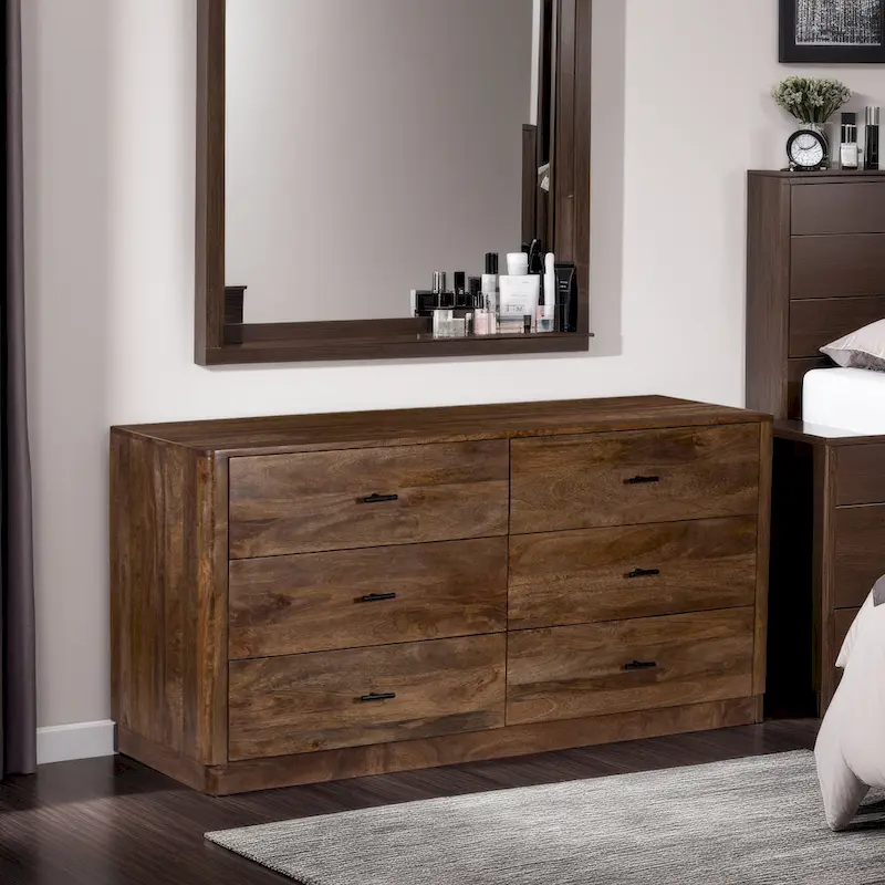 Tao 6 Drawers Dresser, Mango Wood, Walnut Finish, 60