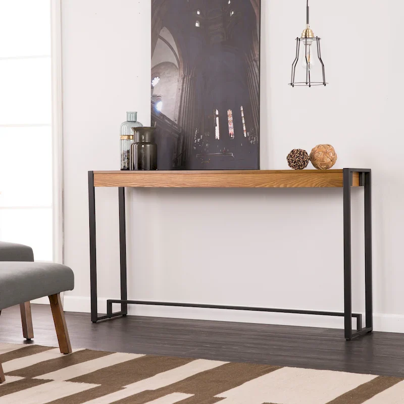 Narrow Industrial Console Table – Burnt Oak / Gray / Tobacco / Mocha / Black, Metal Frame, Seats 1