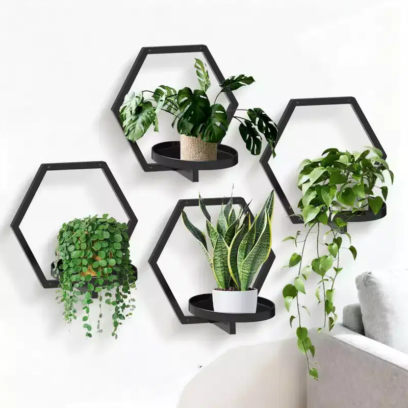 4-Pack Black Geometric Wall Planters C 14x12 Metal Hexagon Hanging Shelves for Indoor/Outdoor Decor in Living Room & Bedroom