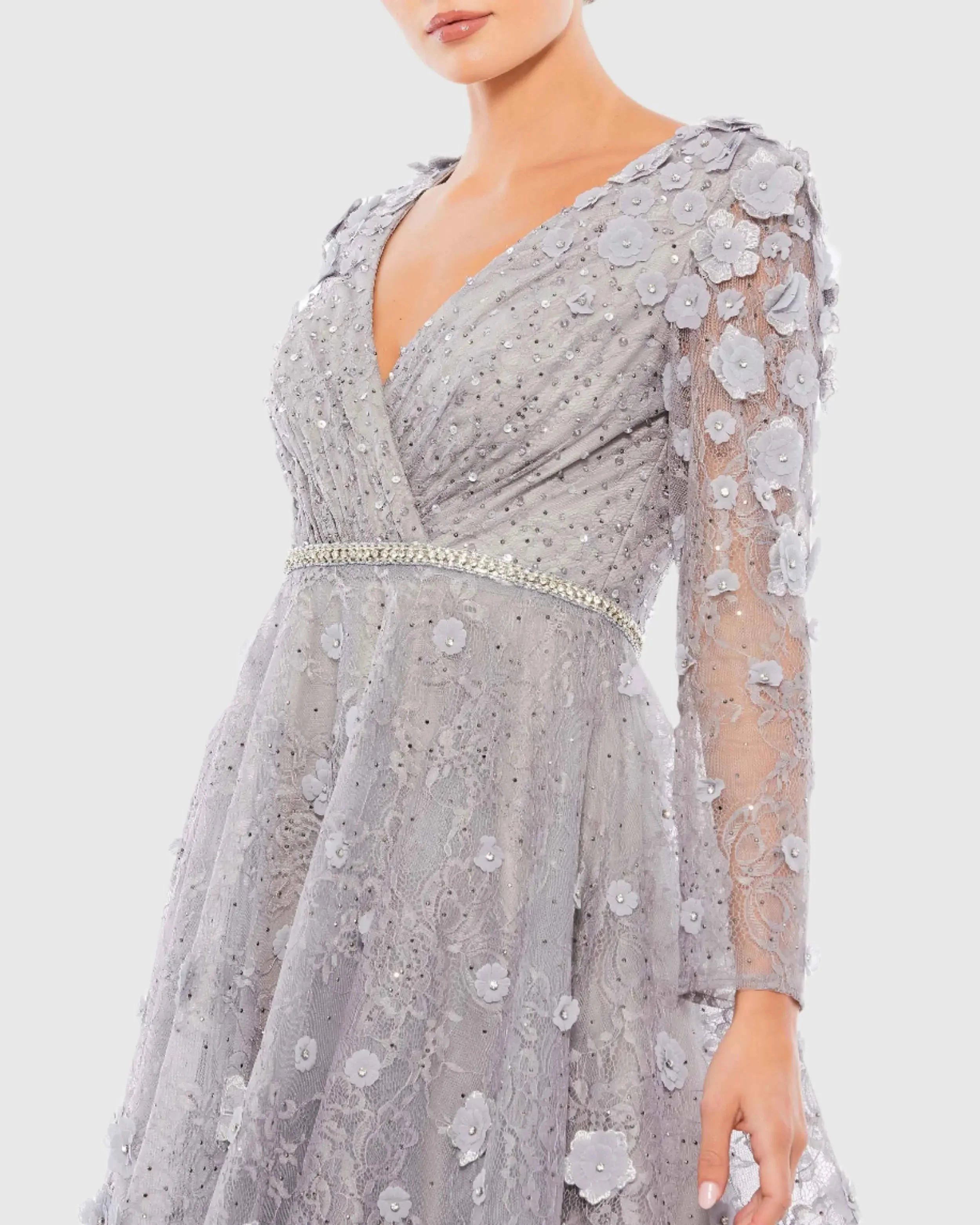 Gray Floral Embellished Lace A-Line Cocktail Dress - FINAL SALE