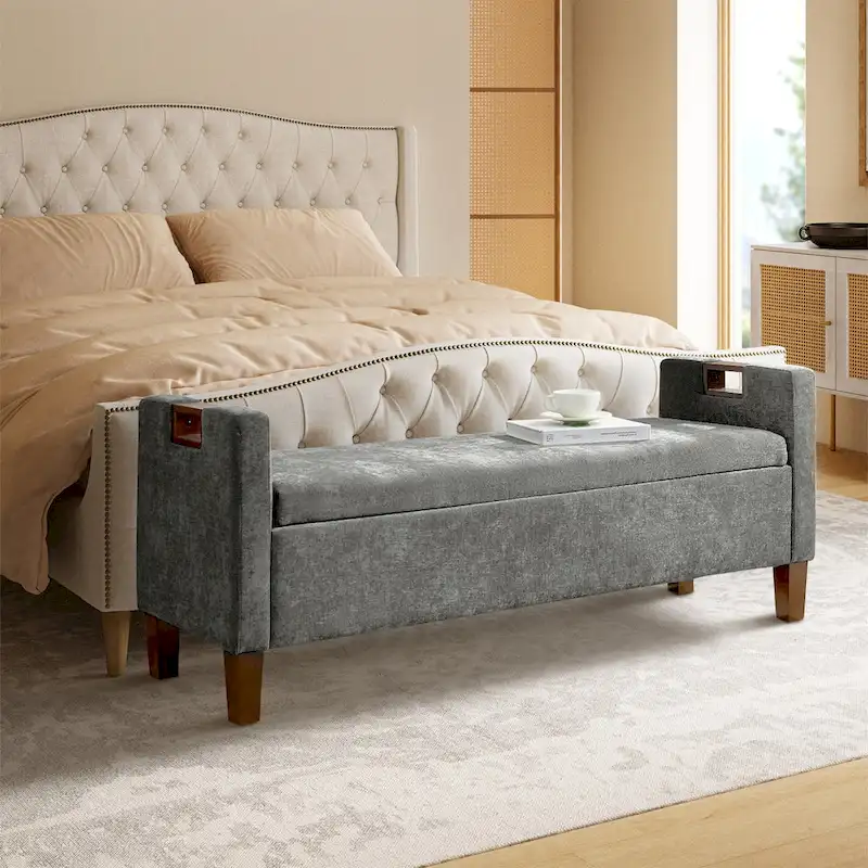 Upholstered Storage Bench with Hidden Compartment & Solid Wood Legs – 400lbs Capacity