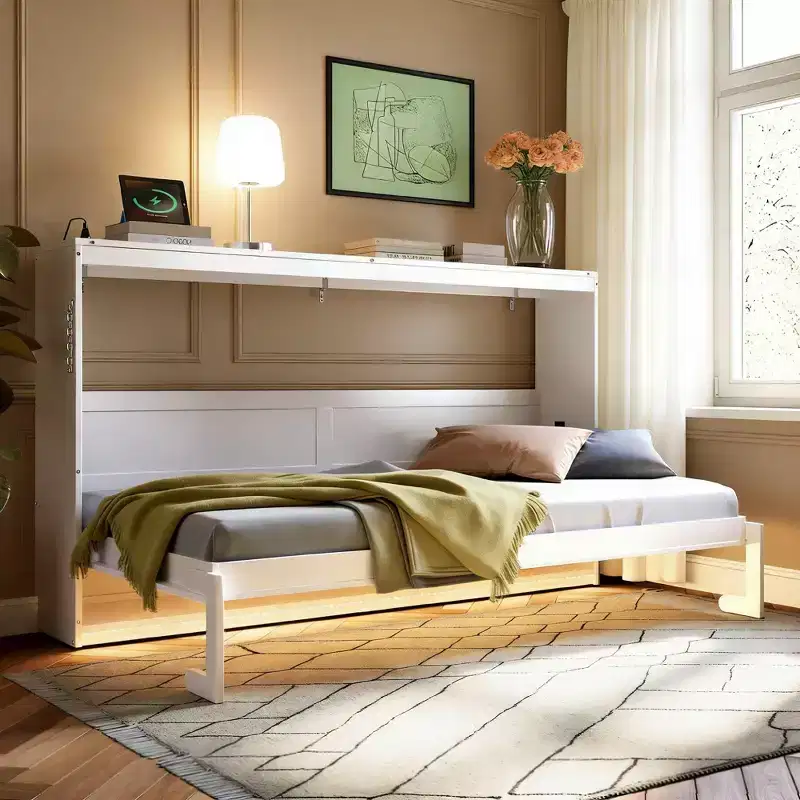 Luxystar Modern Murphy Bed with Trendy Printed Pattern, Under-Bed Lighting and Outlet