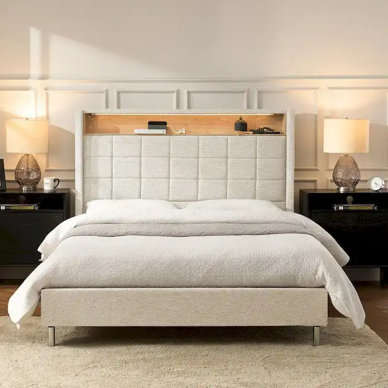 Cream/Dark Grey Geometric Upholstered Bed with LED Headboard & Storage – Queen/King