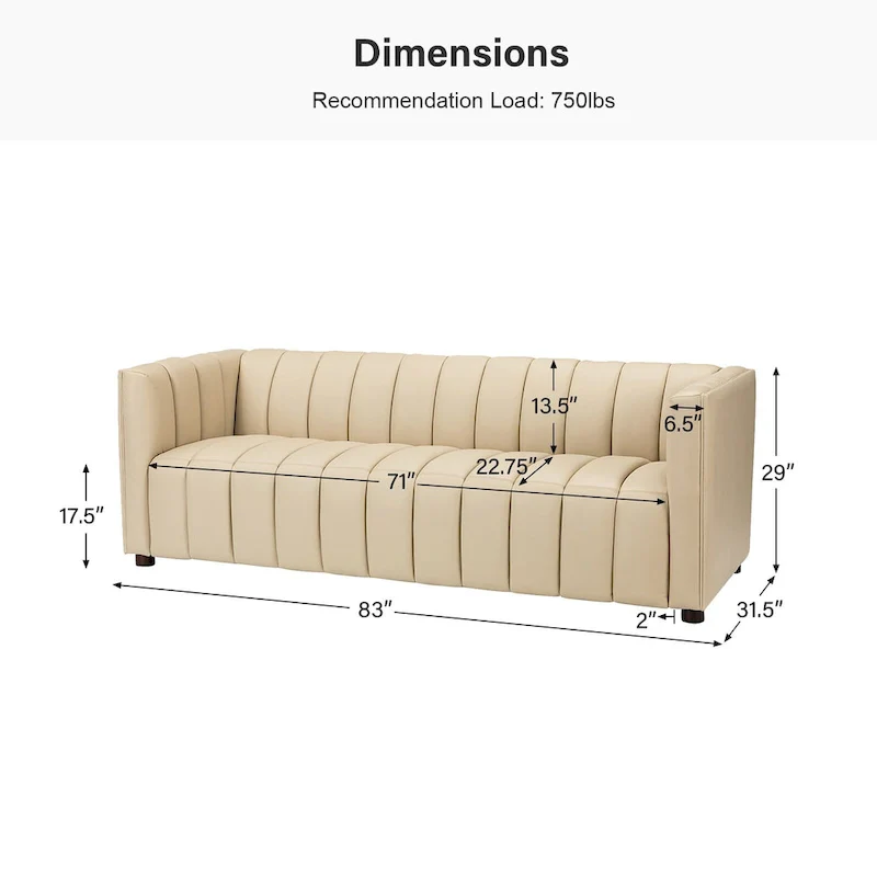 Modern Camel 83-Inch Genuine Leather Curved Couch with Channel Back